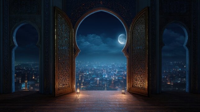 Ornate Arabic Archway with Gold Pattern, Moonlit Cityscape, and Night Sky View