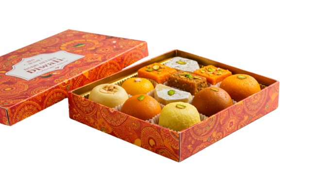 Assorted indian sweets in a decorative diwali gift box with various shapes and colors of desserts on transparent background - Powered by Adobe