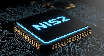 NIS2 Microchip on Circuit Board Blue Glow NIS2 motherboard