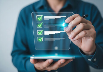 Person using digital pen with checklist displayed on smartphone for completion