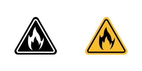Obraz premium Fire Warning Sign vector icon. Outlined warning triangle featuring flame symbol, indicating fire hazard. Safety caution sign isolated on white background for graphic and web design.