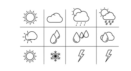 Weather forecast line icon set. Minimalist collection of sun, cloud, rain, and storm symbols.