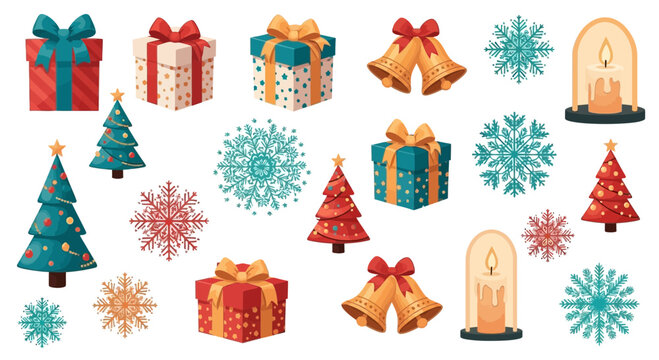 A festive collection of holiday icons with decorated Christmas trees, presents, snowflakes, and bells