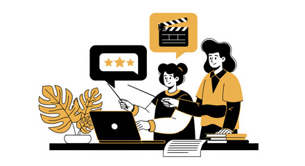 Film director and editor reviewing a movie scene with star ratings and a clapperboard icon.