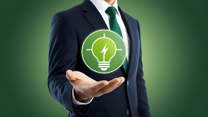 Green energy icon floating above businessman’s palm – symbol of eco-friendly business innovation