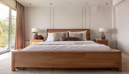 luxurious bedroom wiih wooden bed and nightstands