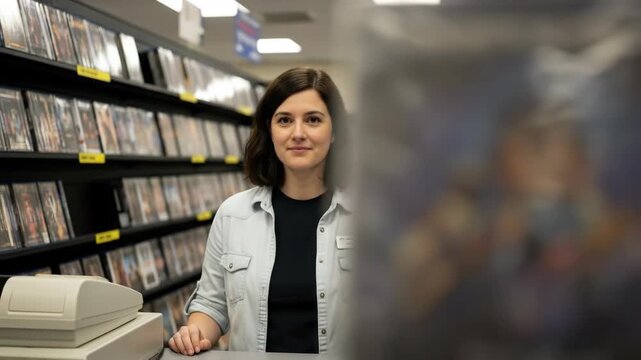 Young smiling woman behind a counter in a video rental store with shelves of movies and a soft-focus film case in the foreground

