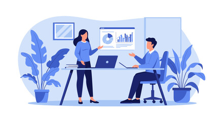 Colleagues in a modern office analyzing business data charts during a presentation. Flat vector.