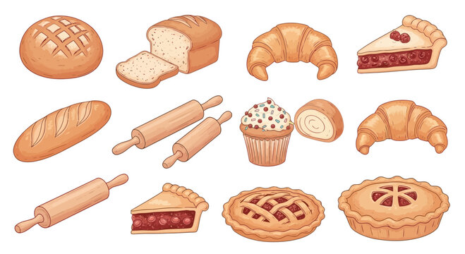 Bakery icon set featuring illustrated bread, pies, croissants, and cupcakes on a white background