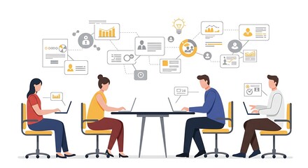 Business people in a modern office meeting use laptops and technology to work together on a new project design
