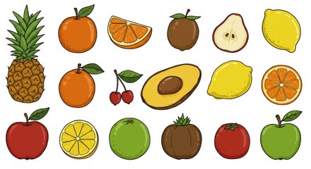 Set of doodle fruits. Natural tropical fruit, doodles citrus orange and vitamin lemon. Vegan kitchen apple hand drawn, organic fruits or vegetarian food. Vector isolated icons, Ai generate,