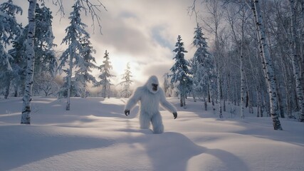 Yeti walking in snowy forest at sunrise