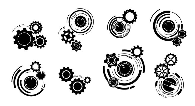 Set of black silhouette gear and cogwheel icons with abstract circular elements on white.