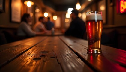 Macro shot of a reclaimed wood tabletop with condensation rings from a beer glass, set against a blurred backdrop of a bustling speakeasy with vintage lamps and dark mahogany accents.