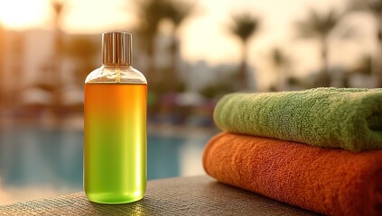 Spa still life with towel, green flowers, massage oil, and aromatherapy bottle.
