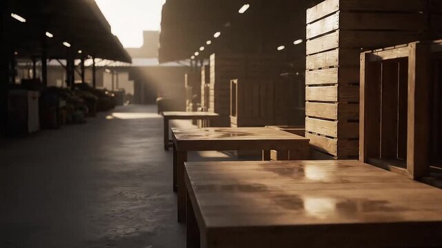 Sunbeams illuminate empty wooden tables in a quiet, deserted indoor market hall.
