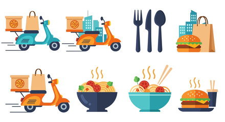 Food delivery icon set with scooters, takeout bags, meals, and cutlery in a flat design style.