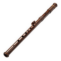 Fototapeta premium A dark wooden flute with finger holes is displayed against a plain transparent background in studio lighting