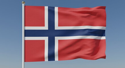 National flag of Norway flying on a flagpole, waving in the wind against a clear blue sky background. Symbol of Norwegian pride.