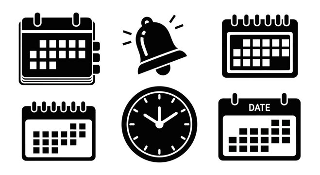A glyph set of calendars and schedules. Planner, bell reminder, and clock icons for dates.