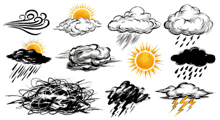 Fototapeta premium Hand-drawn brush stroke weather icon set showing various forecast conditions like sun and storms.