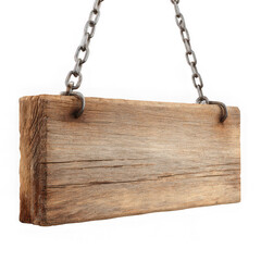 An old wooden sign hangs from a metal chain, ready for a message or advertisement display isolated on transparent background