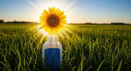 A bright sunflower growing from a discarded plastic bottle in a green field