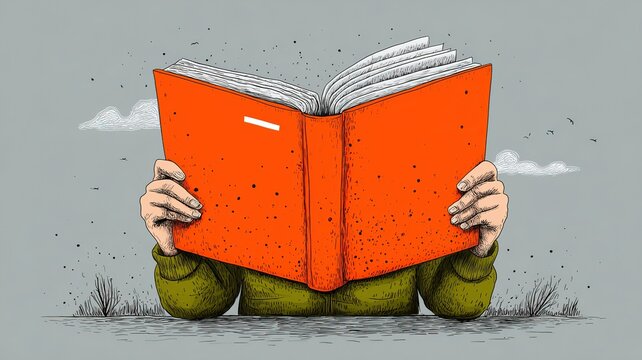 Person Reading Orange Book, Hidden Face,  Engrossed in Literature, Knowledge and Education Concept, Hand Drawn Illustration
