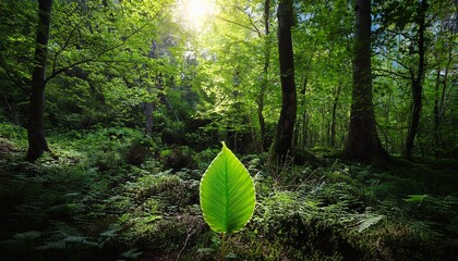 single vibrant green leaf amidst dark green forest