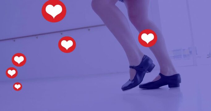 Dancer shifting weight onto right foot and tapping left heel, syncing animated hearts filling frame