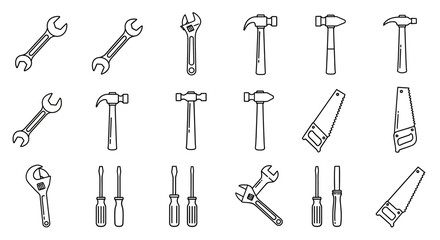 A collection of hand tool line icons for construction, DIY, and repair. Vector set of wrenches, hammers, saws.