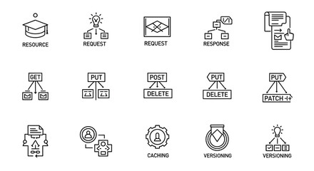 Monochrome abstract icons for RESTful API structure and web service development concepts