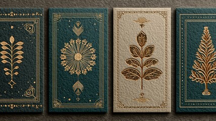 Elegant Gold Foiled Botanical Designs: Green & Beige Textures, Art Deco Style, Vertical Cards