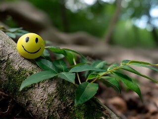 Smiley face nestled on tree branch with green leaves in a natural forest setting.
