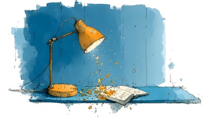 A cozy illustration of a desk lamp illuminating an open book, surrounded by colorful splashes, evoking creativity and inspiration.