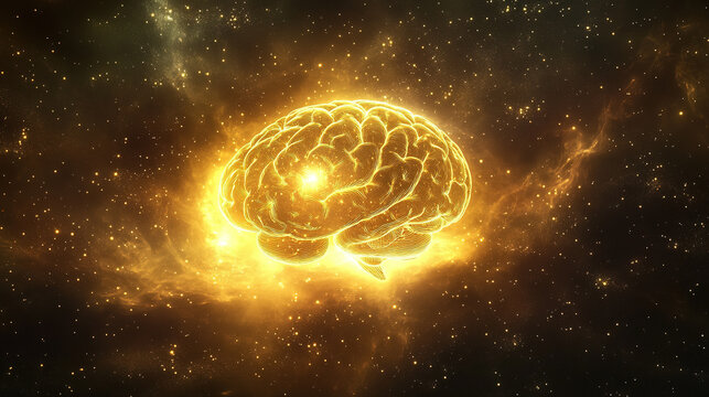 A golden molecular structure of spermidine floating above a brain-shaped nebula, glowing with energy.