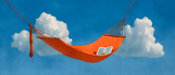A vibrant orange hammock swings peacefully in a blue sky, surrounded by fluffy clouds, inviting relaxation and reading.