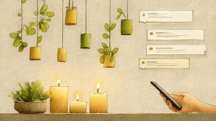 A cozy scene featuring hanging plants, candles, and a smartphone, creating a warm and tranquil atmosphere.