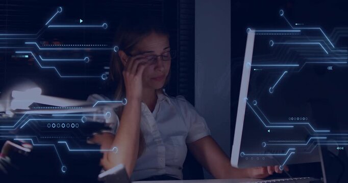 IT pro typing on keys activating circuit overlay pulsing on screen and yawning from fatigue - Powered by Adobe