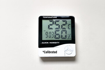 Humidity indicator is indicated on the hygrometer of the device. An image of electronic device to check temperature and humidity in closed area