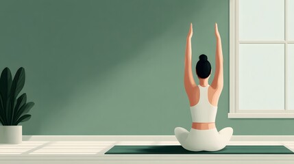 A serene yoga scene featuring a woman practicing a seated pose with her arms raised in a calming, minimalist room.