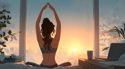 A serene morning scene featuring a woman practicing yoga at sunrise, surrounded by plants and a cozy atmosphere.