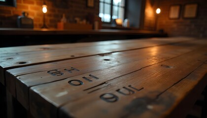 Detailed view of a rough-hewn pine tabletop, etched with initials and knife marks, blurred background showing a quiet, candlelit tavern with exposed brick and soft shadows.