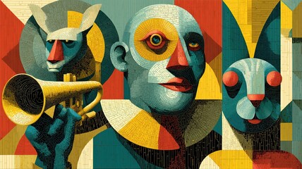 Geometric Mosaic Portrait: Abstract Art with Animals and Musical Instrument