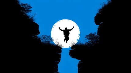 A silhouetted figure leaps between two rocky cliffs against a bright blue background, with a large white moon illuminating the scene.