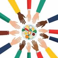 Diverse Hands Reach Towards Healthy Food Bowl Promoting Unity and Shared Dining Experience