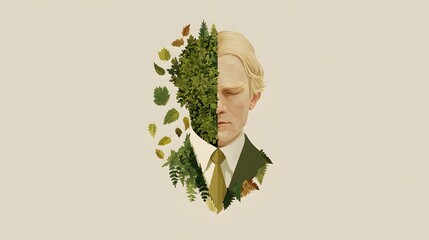 A surreal illustration depicting a man's face merging with foliage, symbolizing the connection between humanity and nature.