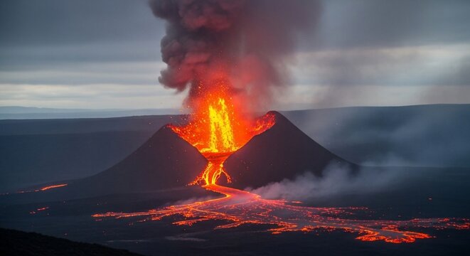 Spectacular volcanic eruption displaying lava flow and billowing smoke plumes - Powered by Adobe