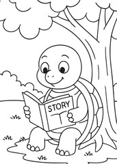 Coloring book turtle reading storybook under a tree.