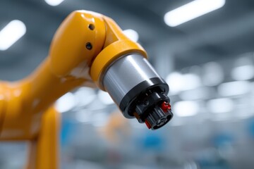 Close-up of robotic arm assembling electronic parts in a high-tech factory environment